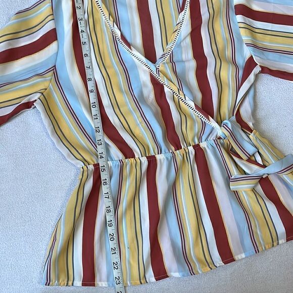 Pink Rose Retro 70s Vibe Faux Wrap Striped Peplum Blouse (Size: Large) - Picture 12 of 12